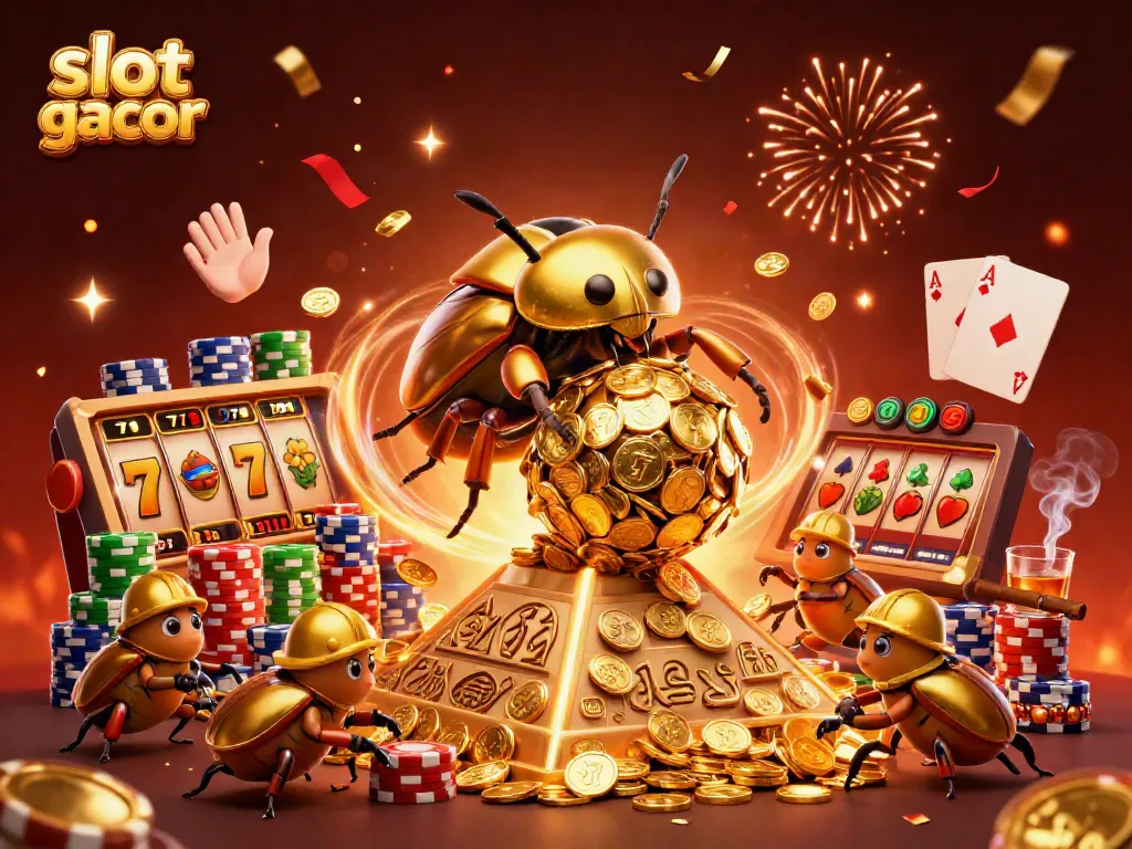 Engage with slot gacor action featuring golden beetles rolling coins and vibrant casino symbols.