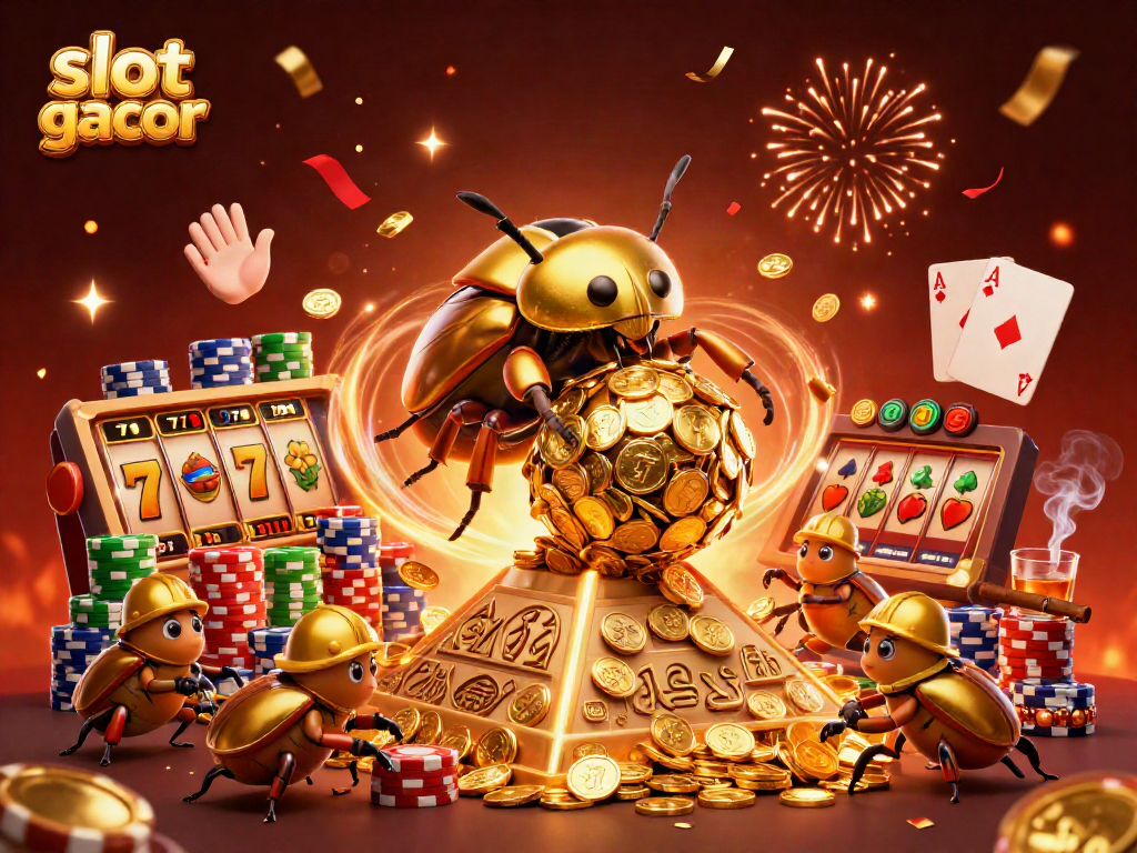 Engage with slot gacor action featuring golden beetles rolling coins and vibrant casino symbols.