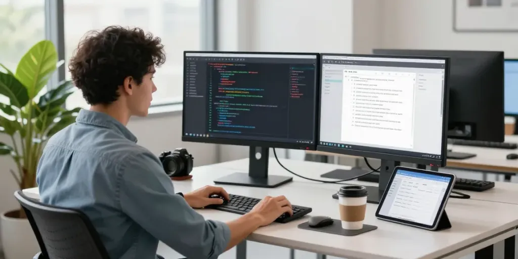 Dynamic office scene showcasing MVP development service with a developer coding on dual monitors amidst a bright workspace.
