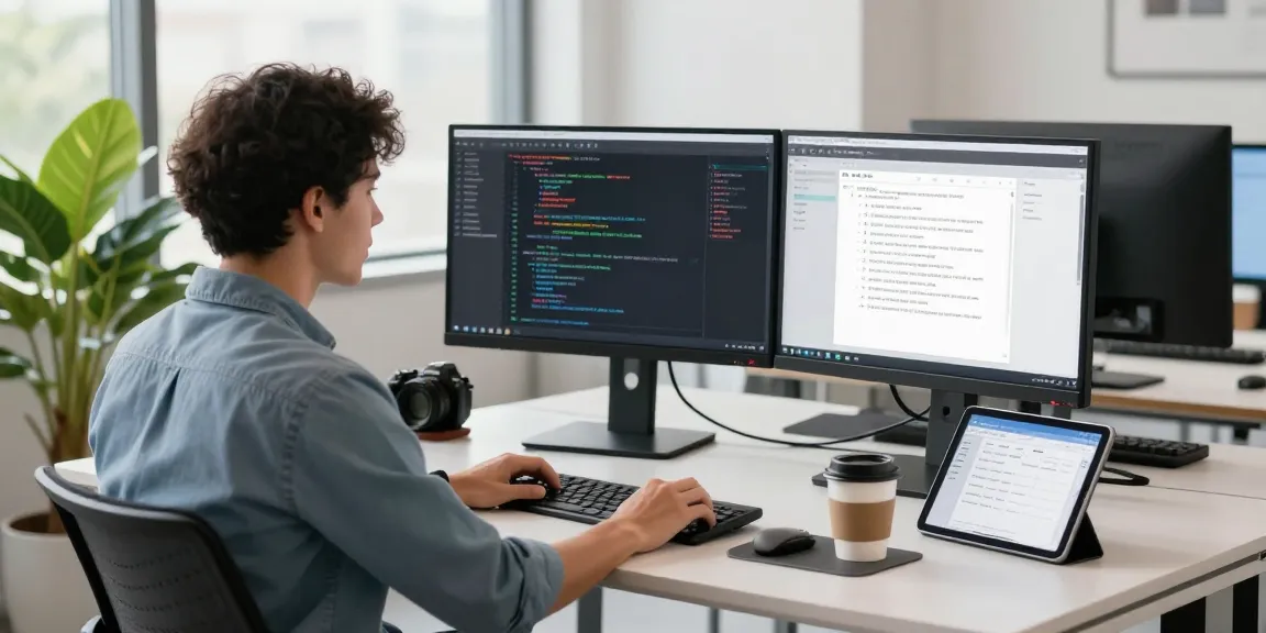 Dynamic office scene showcasing MVP development service with a developer coding on dual monitors amidst a bright workspace.