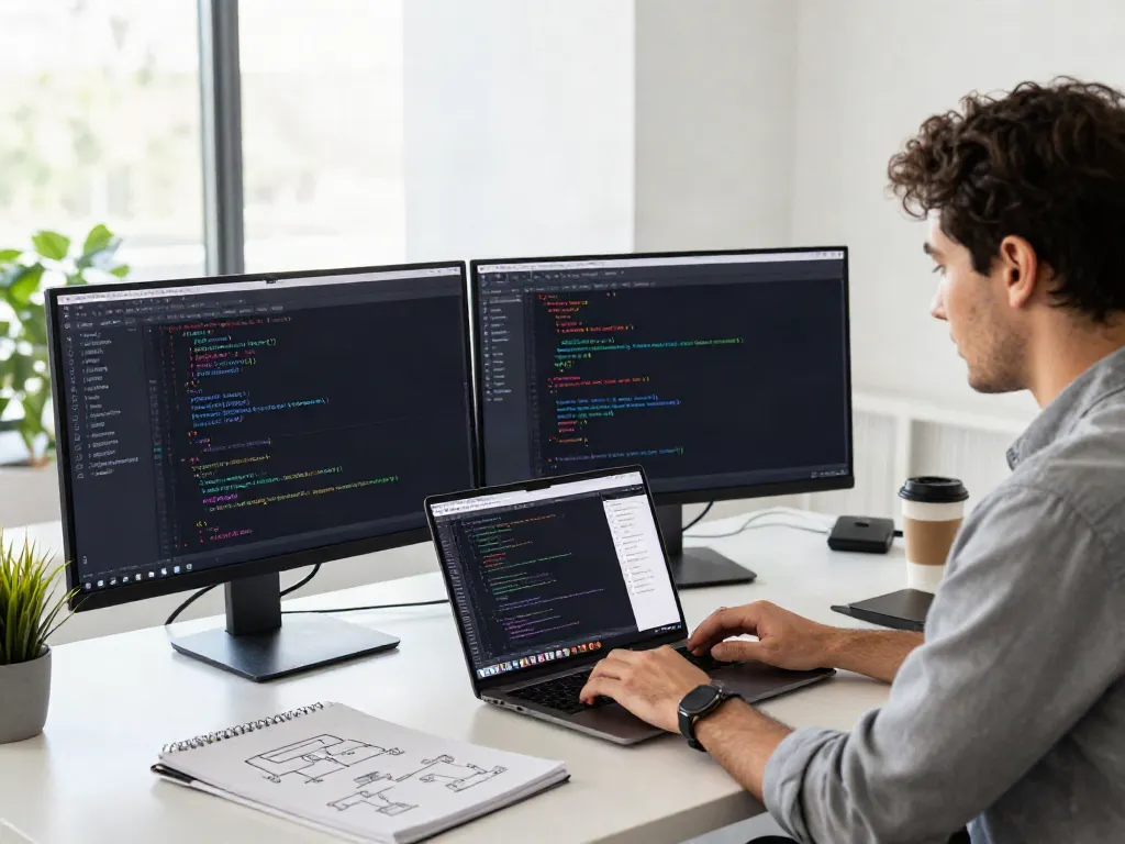 Developer working in a modern office utilizing a unified LLM API for coding.