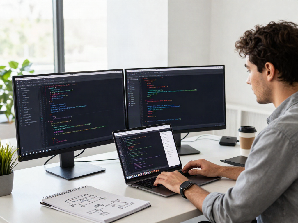 Developer working in a modern office utilizing a unified LLM API for coding.
