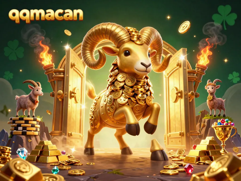 Experience thrilling gameplay with qqmacan's golden ram charging through a treasure-filled casino with riches and excitement.