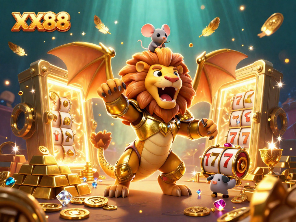 Experience thrilling wins at XX88 with a fantastical chimera and treasure-filled casino scene.