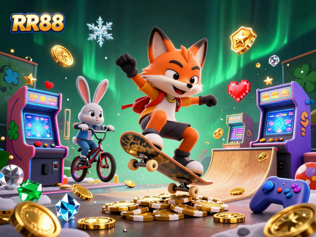 RR88 interactive game scene featuring a skateboarder fox and BMX rabbit among dynamic casino elements