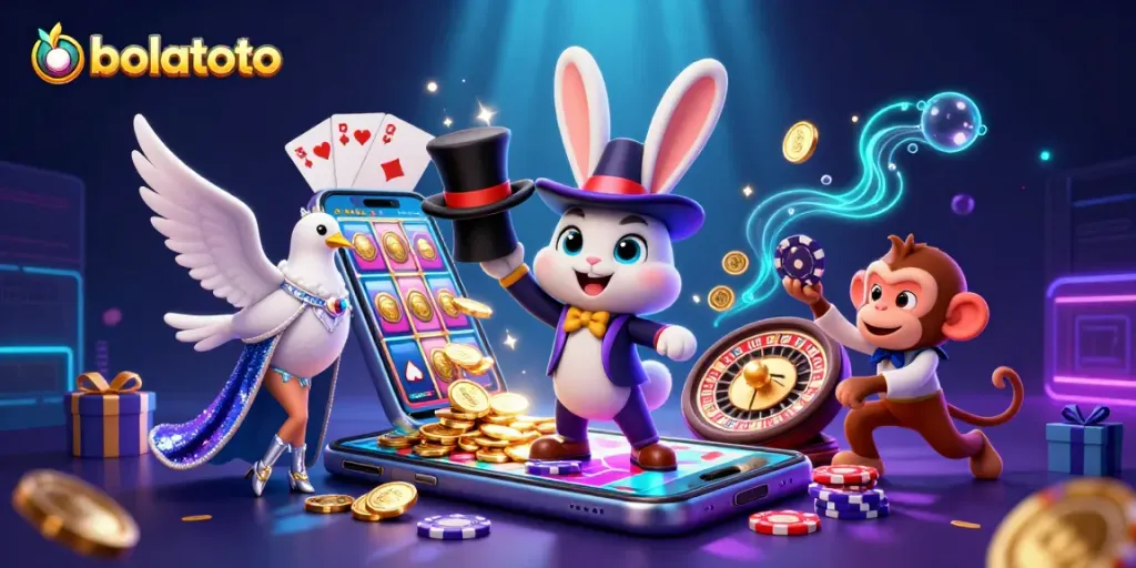 Experience bolatoto magic with a whimsical scene of a magician rabbit and friends amidst dynamic casino elements.