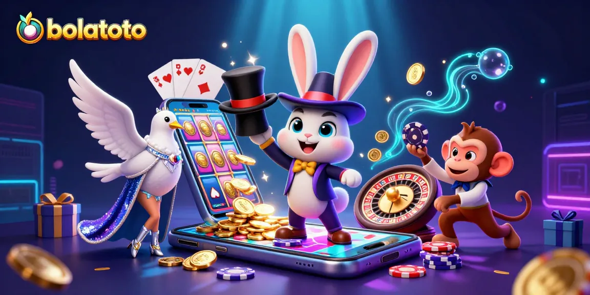 Experience bolatoto magic with a whimsical scene of a magician rabbit and friends amidst dynamic casino elements.