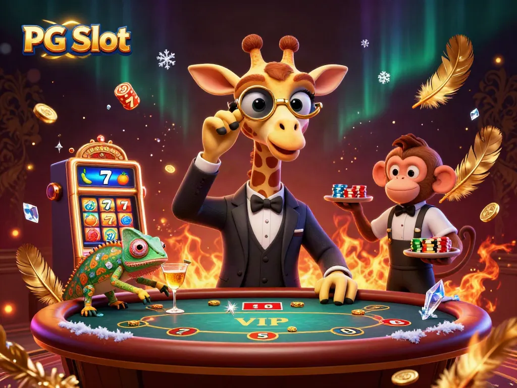 Jerapah mewah dan monyet pelayan dalam tema PG Slot, bermain dan bersenang-senang di kasino.