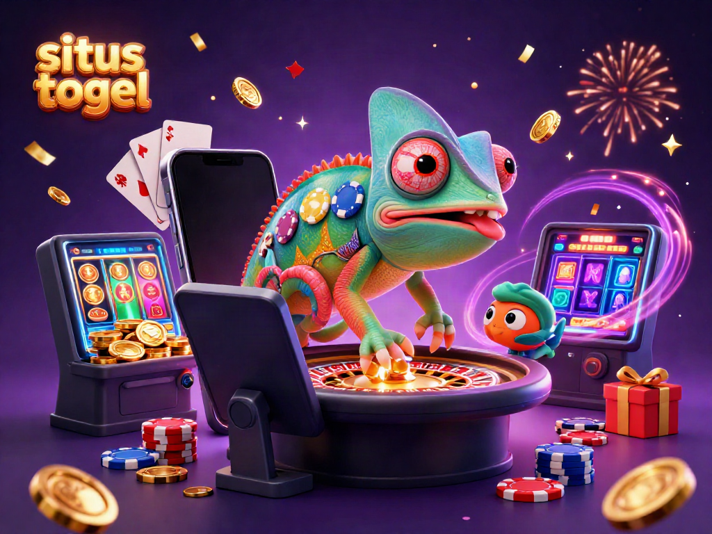Engaging scene of situs togel with a chameleon casino owner and dynamic gaming elements.