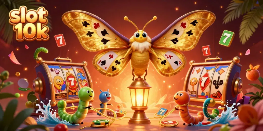 Experience slot 10k with exciting reels and golden moths in this vibrant casino illustration.