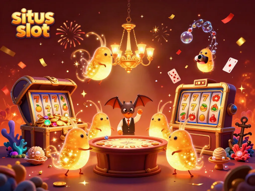 Experience captivating situs slot excitement with glowworms lighting up a vibrant casino scene.