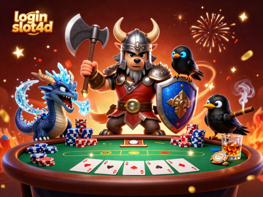 Experience the thrill of login slot4d as the Viking warrior battles with poker chips and cards in an epic scene.