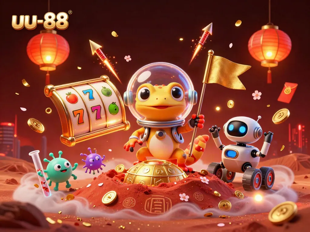 Engage with the vibrant uu-88 casino scene featuring 3D characters, slot reels, and festive elements.