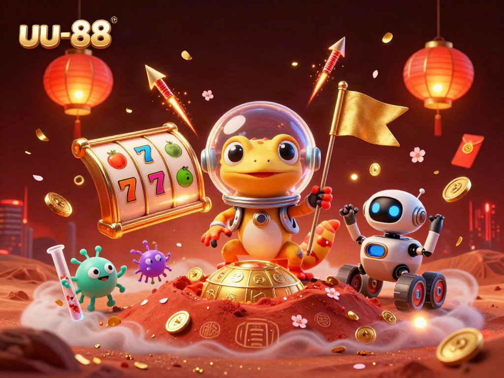 Engage with the vibrant uu-88 casino scene featuring 3D characters, slot reels, and festive elements.
