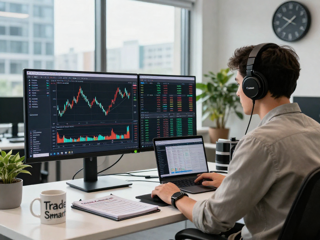 TradingView interface displayed on a trader's monitor in a modern office setup highlighting market analysis tools and charts.