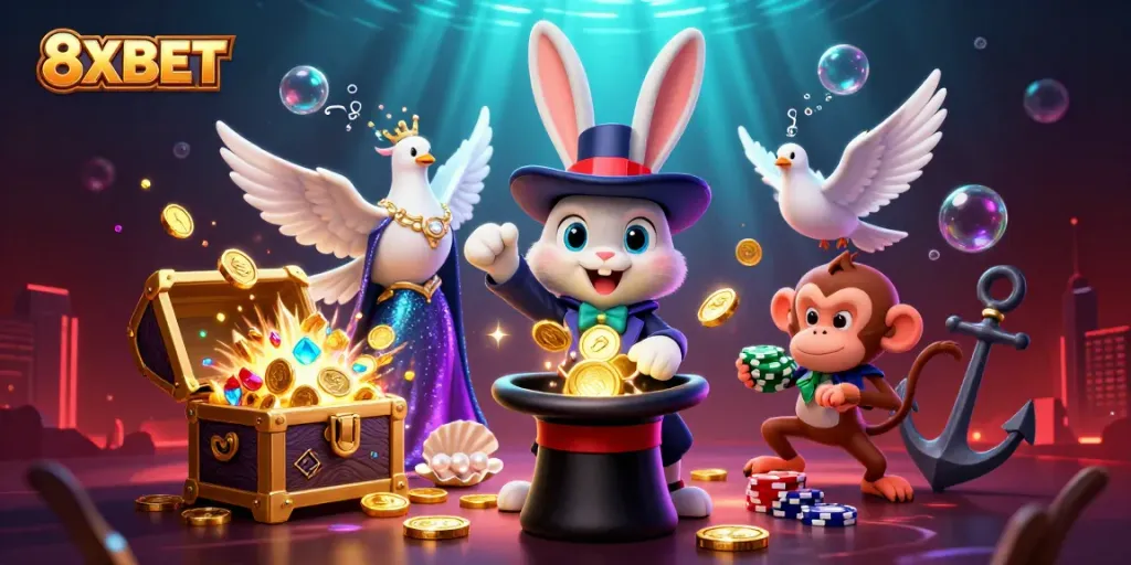 Experience thrilling wins at 8XBET with enchanting 3D characters pulling in coins and poker chips.