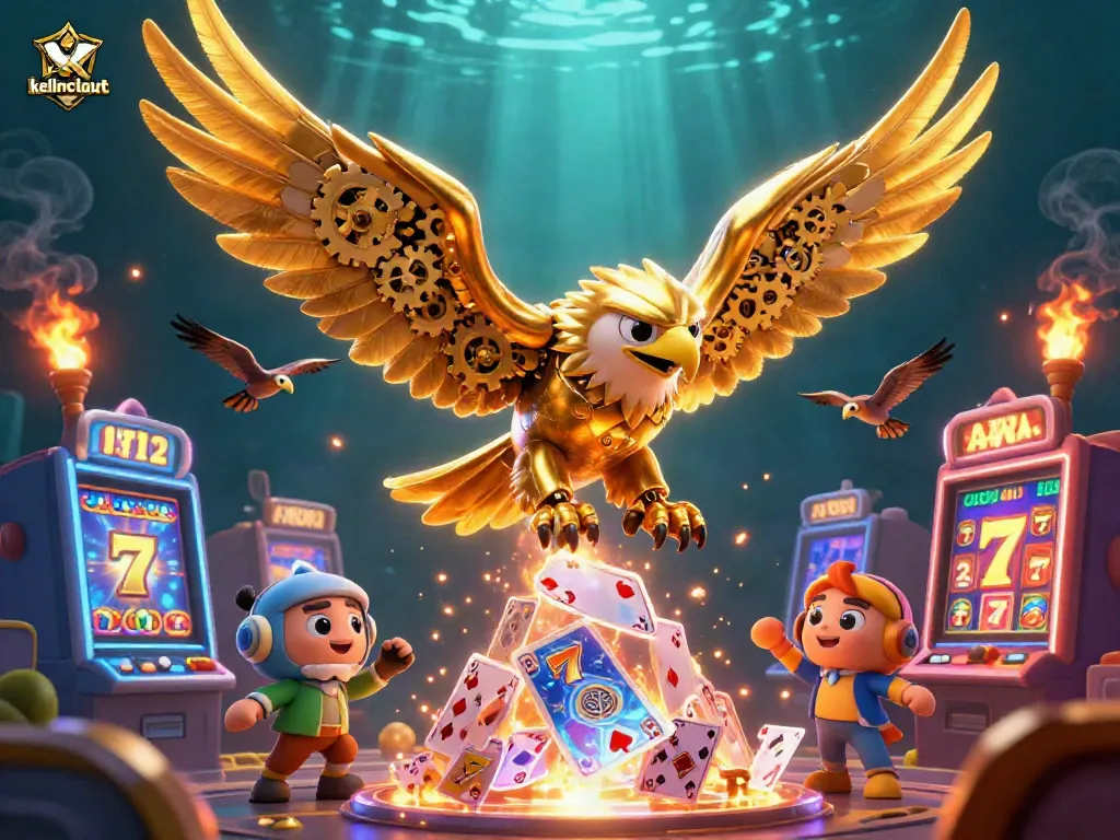 Join the thrilling gaming experience with kelincilaut, featuring a dynamic golden eagle amidst slot machines.