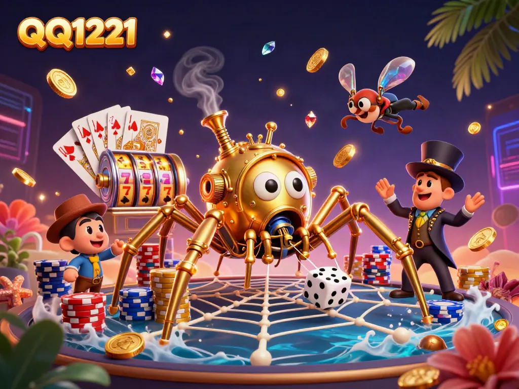 Experience the thrill of QQ1221 with golden coins, dynamic characters, and spinning slot reels in this engaging scene.