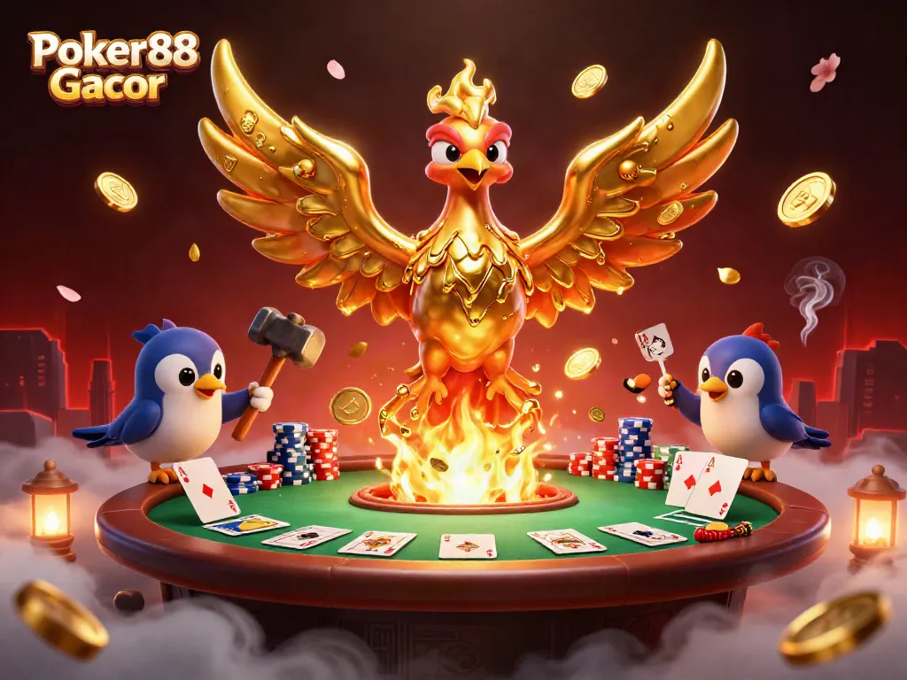 Experience the thrill of Poker88 Gacor with rich visuals of poker action and golden elements.