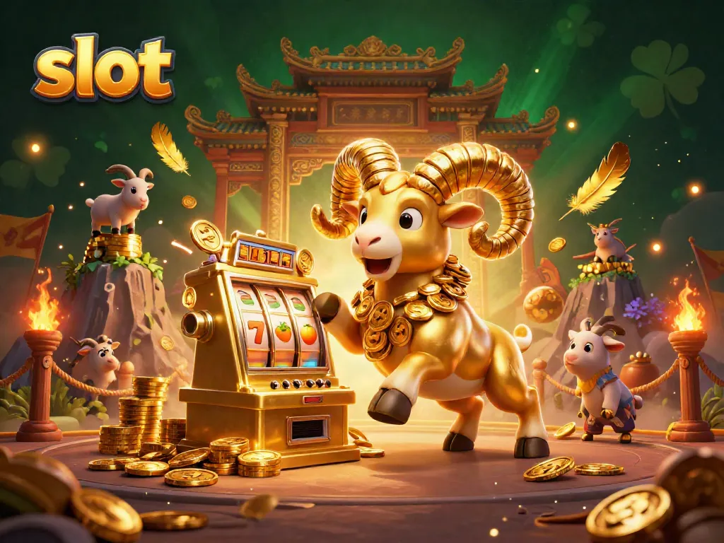 Slot menarik dengan domba emas dan simbol slot, atmosfer menarik untuk pemain.