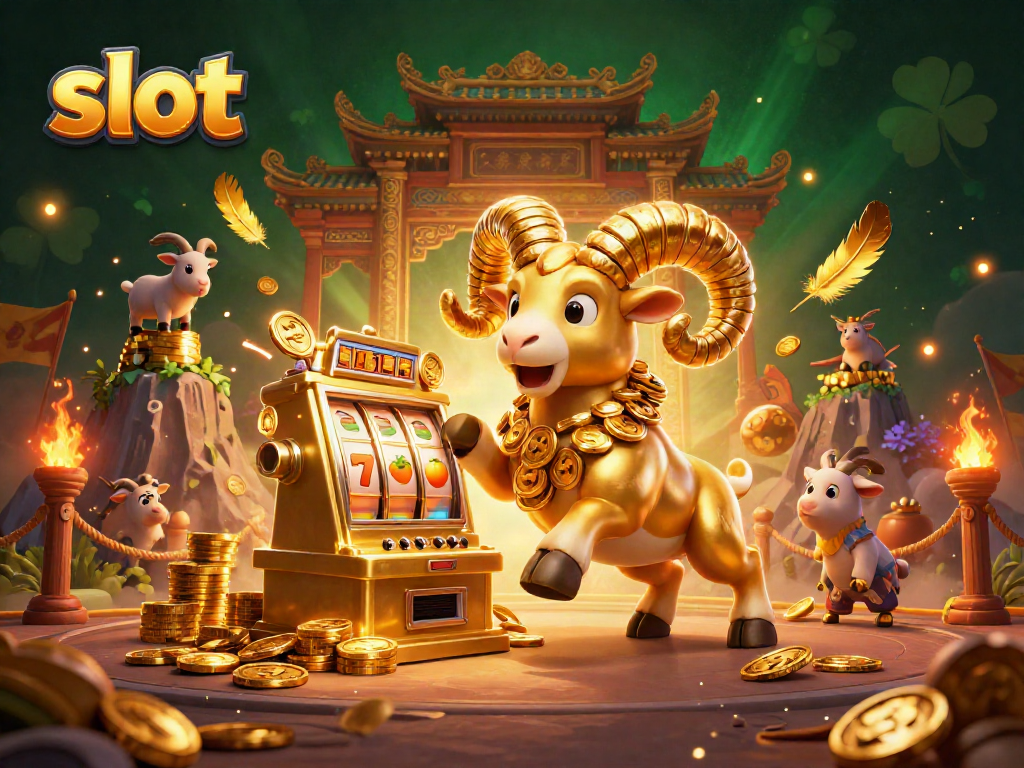 Slot menarik dengan domba emas dan simbol slot, atmosfer menarik untuk pemain.