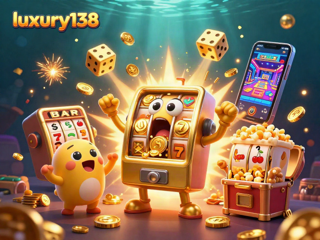 Mesin slot berwarna emas dari luxury138 merayakan jackpot dengan hantaran koin melimpah.