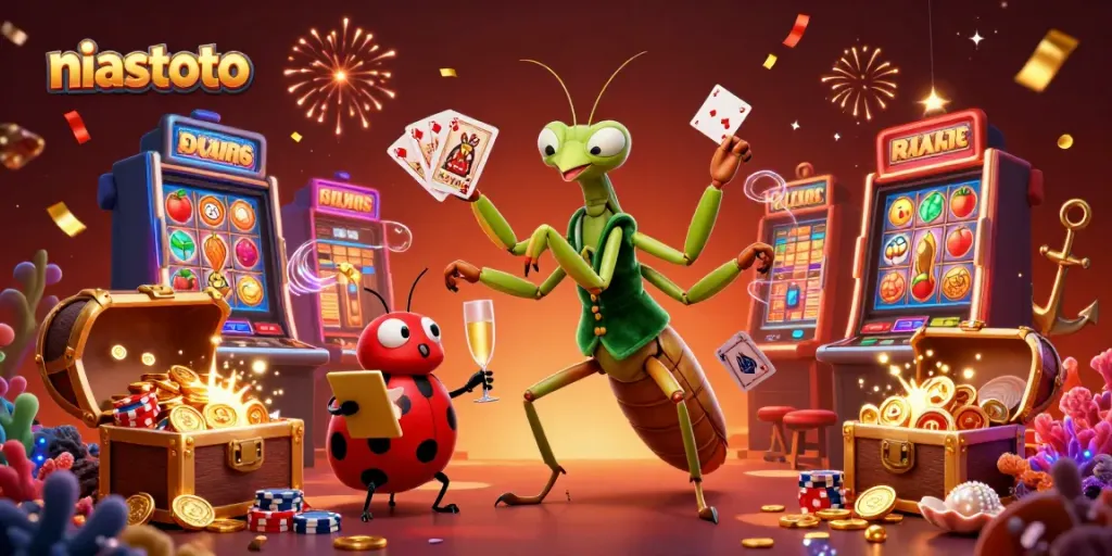 Experience niastoto's thrilling slots with a whimsical gaming scene featuring engaging characters, vibrant symbols, and dynamic casino elements.