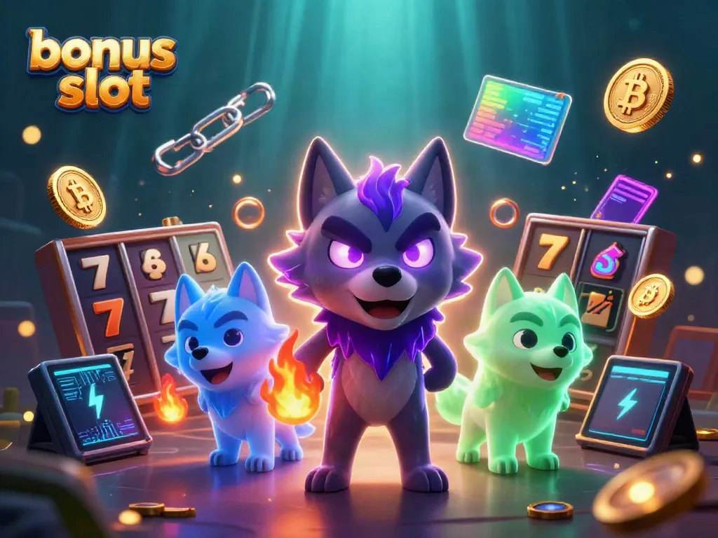 Experience thrilling gameplay with bonus slot features, 3D wolves, and vibrant casino elements.