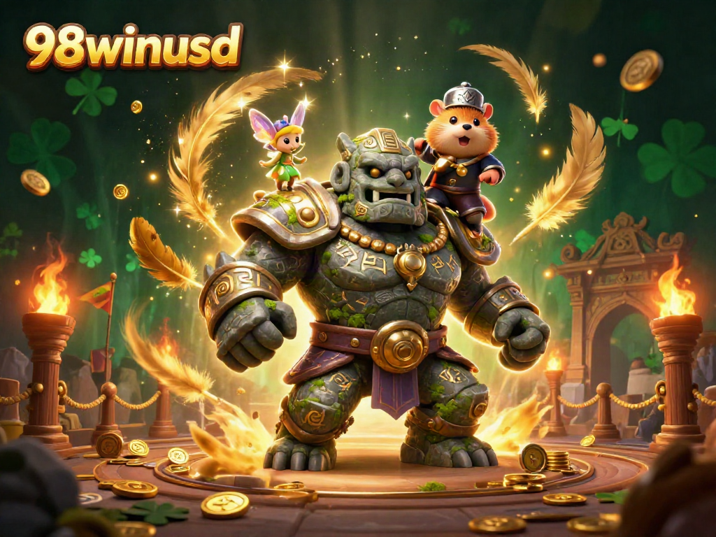 Experience excitement with 98winusd's casino elements, featuring a mystical golem and a fairy companion.