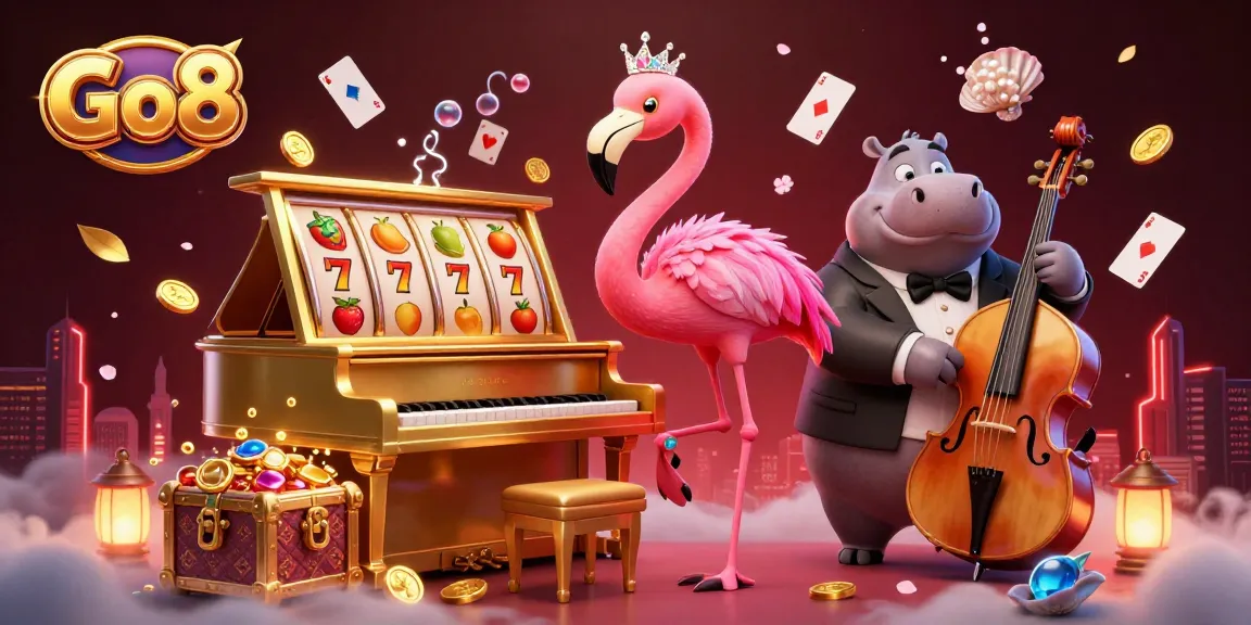 Experiment with winning strategies at the Go8 casino featuring a vibrant lounge scene with slot reels and playful characters.