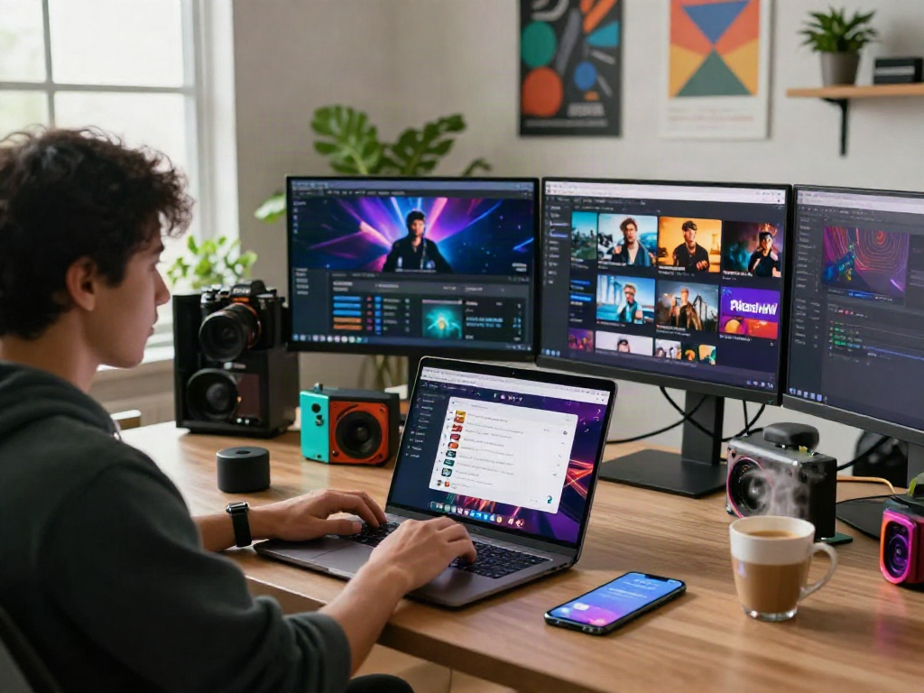 Pikashow APK download scene showcasing a tech-savvy individual using a laptop amidst vibrant workspace elements, symbolizing modern streaming.