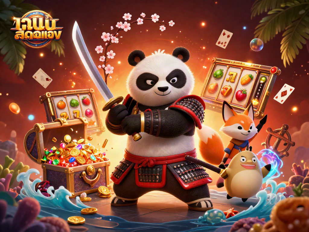 Engage with เว็บสล็อตตรง as the samurai panda battles alongside the ninja fox in a vibrant casino adventure.