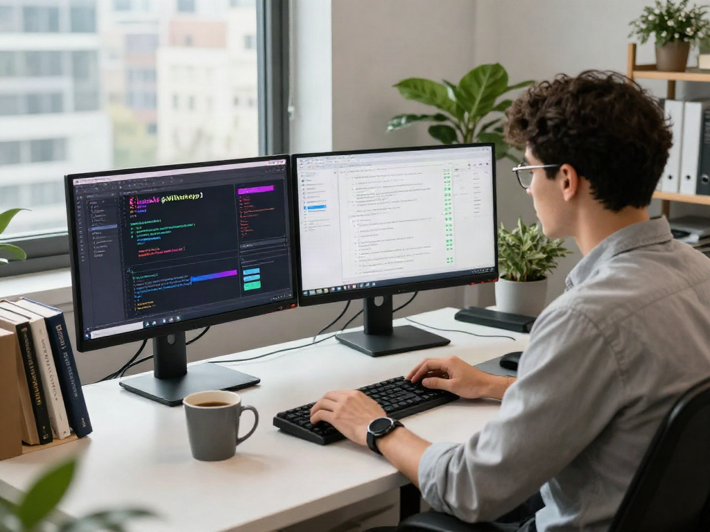 Software engineer coding gb whatsapp features in a modern workspace with vibrant screens and city view.