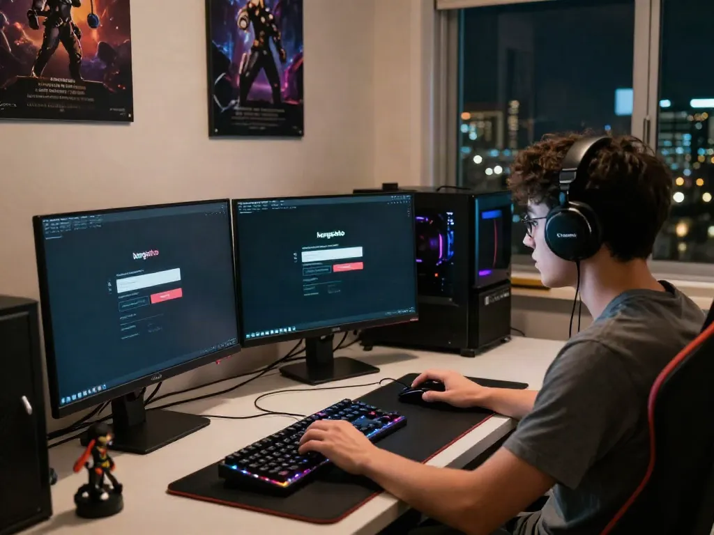Engaged user accessing hargatoto login in a vibrant gaming environment with advanced peripherals and ambient lighting.