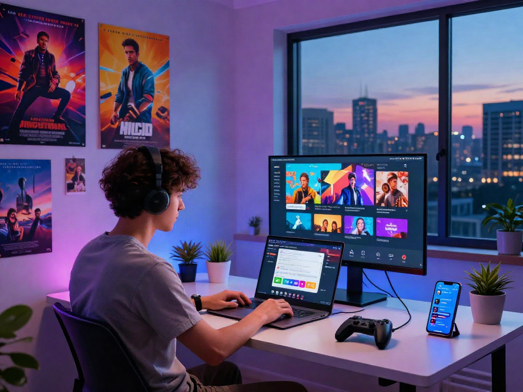 Downloading Moviebox apk in a vibrant digital workspace with streaming devices.