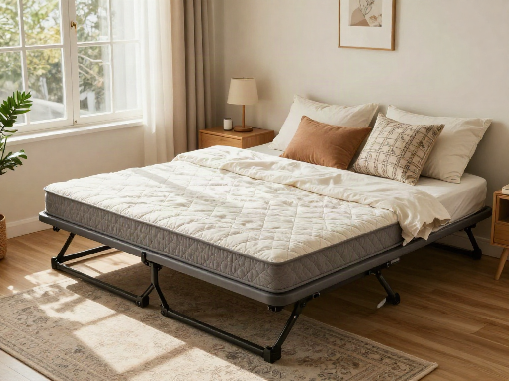 Comfortable folding bed with mattress in a cozy bedroom setting