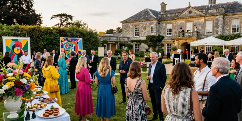 Bruce Bailey Toronto hosting an extravagant benefit event at Vogrie estate with vibrant art and guests in costumes.