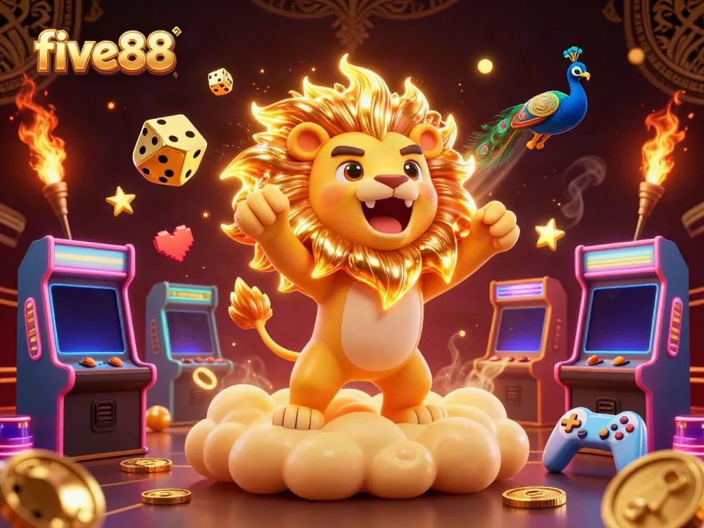 Experience the thrill of five88 with a vibrant 3D casino scene featuring colorful game elements and dynamic characters.