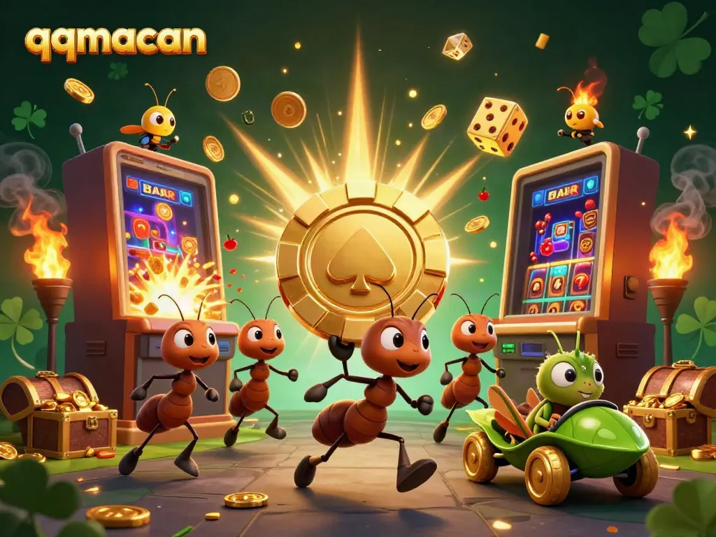Engage in thrilling gameplay with qqmacan as animated ants carry a golden poker chip in a dynamic casino scene.