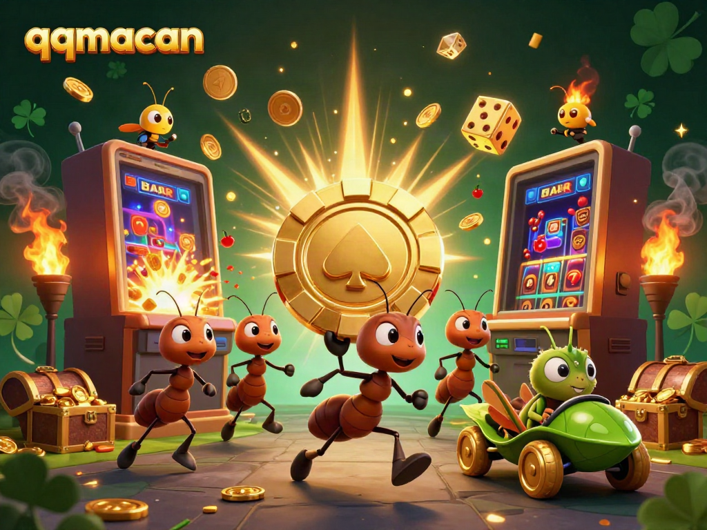 Engage in thrilling gameplay with qqmacan as animated ants carry a golden poker chip in a dynamic casino scene.