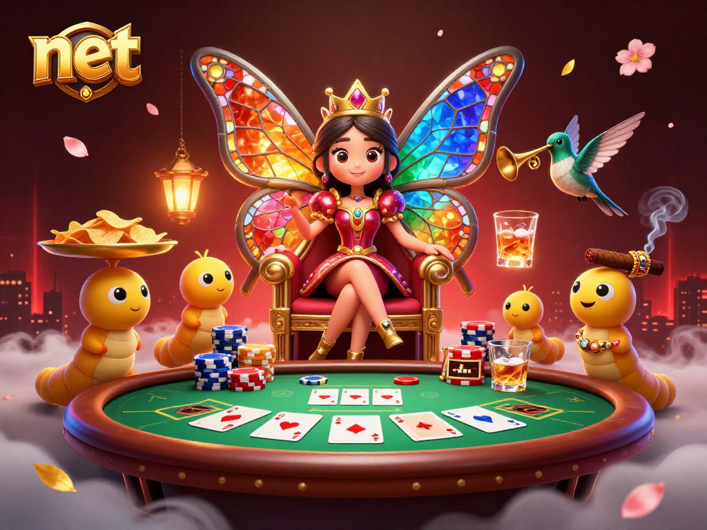 Experience the thrill of net gaming with vibrant characters and poker elements in a rich, dynamic scene.