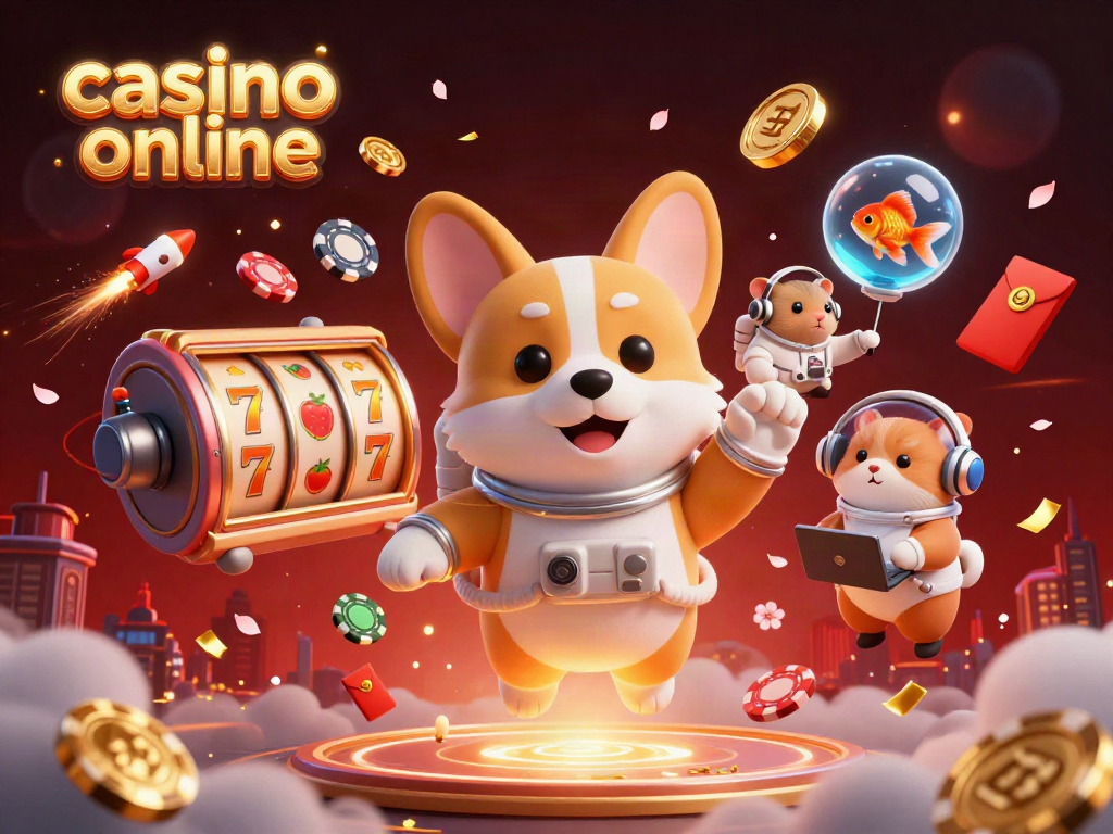 Experience a floating casino online scene with our astronaut corgi and shimmering chips.