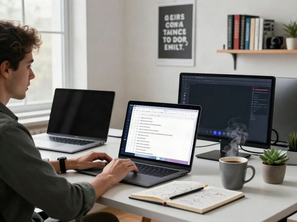 Generate page titles with AI in a modern digital marketing workspace featuring a strategist at a sleek desk