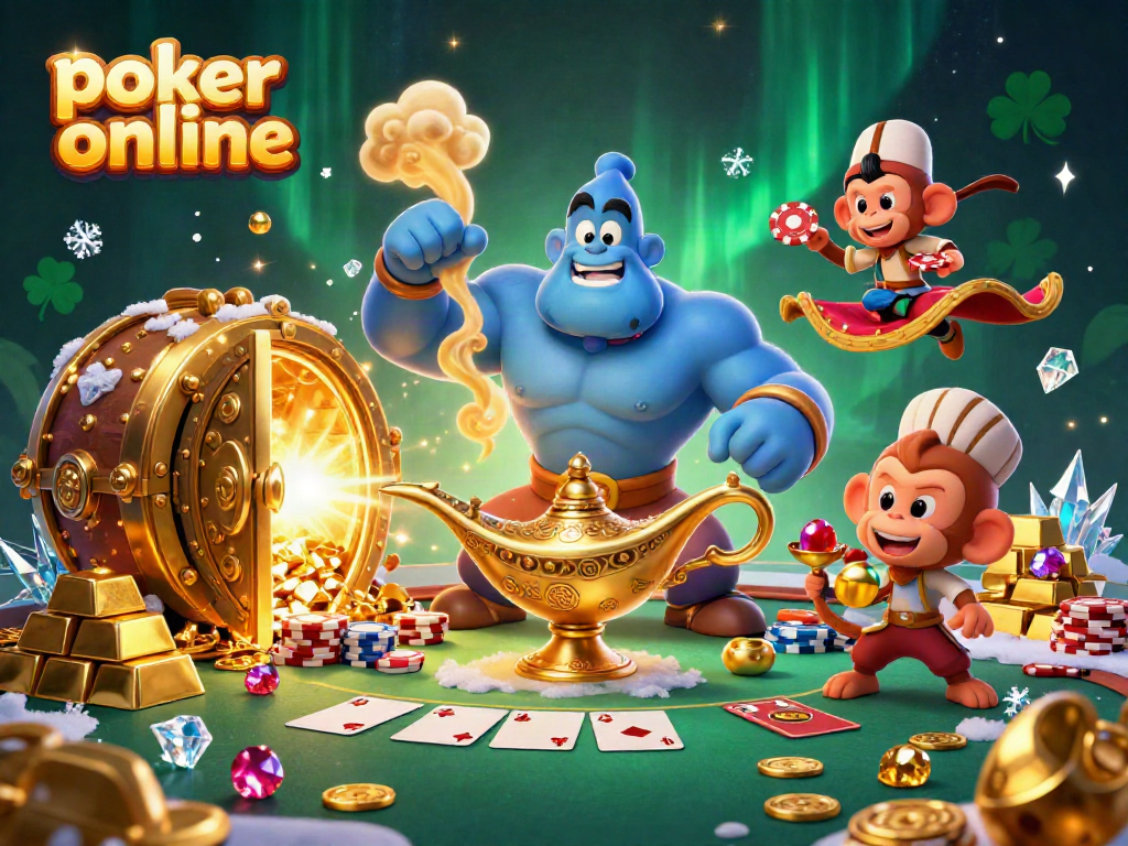 Experience poker online magic with a genie, poker chips, and treasure in this vibrant illustration.
