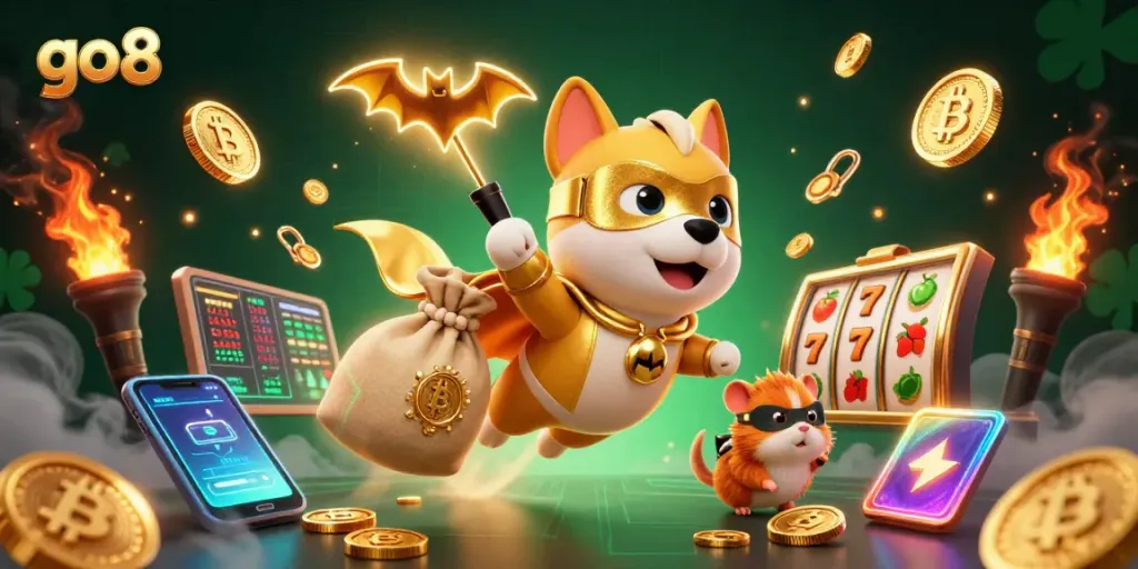 Experience thrilling casino adventures with the go8 superhero dog and hamster in a colorful, action-packed illustration.