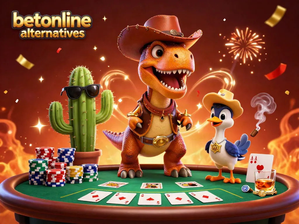 Engage with betonline alternatives at a vibrant poker scene featuring a cowboy dinosaur and friends.