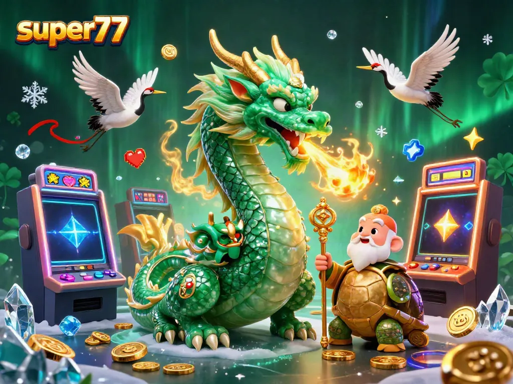 Experience the thrill of super77 slots with a majestic dragon, a turtle sage, and lucky cranes in action.