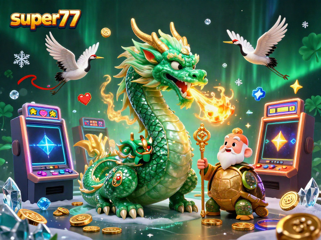 Experience the thrill of super77 slots with a majestic dragon, a turtle sage, and lucky cranes in action.