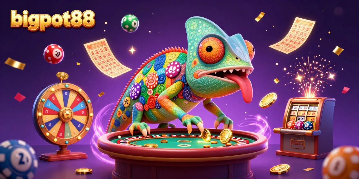 bigpot88 memeriahkan suasana kasino dengan koin emas dan bola lotere berwarna-warni.