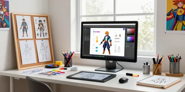Artist using an AI character sheet generator to create character designs at a vibrant workspace.
